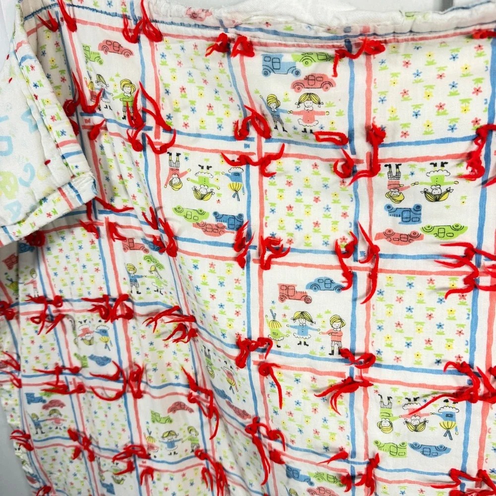 Vintage Handmade Tied Baby Quilt Nursery‎ Children Cars Alphabet Print 41x52